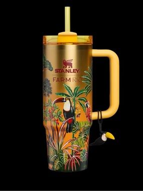 🌺 🌴40oz Rio Gold Travel Tumbler with Yellow Handle and Tropical Toucan Print